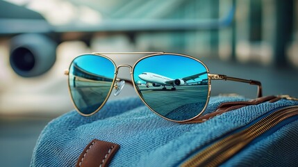 Reflection of Plane in Sunglasses at Airport Terminal