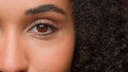 Beauty female portrait half of face close up eye beautiful make-up arrow eyelashes eyeliner eyelid...