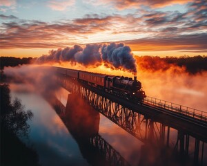 Railway crossing river at sunset, capturing the entire train silhouette against the vibrant sunset, the river beneath with slight fog.