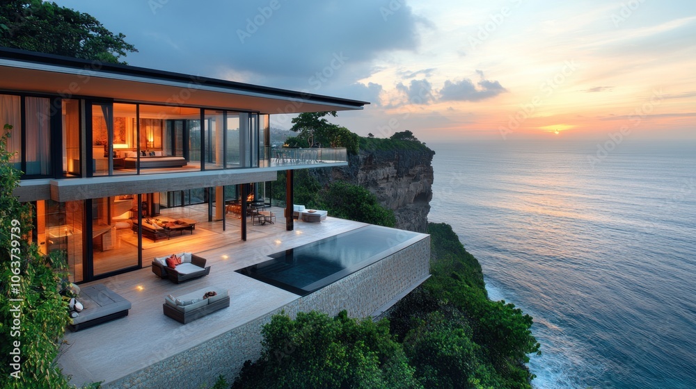 Wall mural Modern luxury villa with infinity pool overlooking the ocean at sunset.