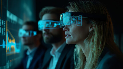 Group wearing AR glasses working collaboratively on an interactive project with augmented reality