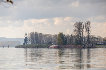 Scenic River View in Mission BC Canada with Barge and Trees