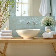 Fototapeta premium Vase with beautiful pink tulips and toiletries near sink in bathroom