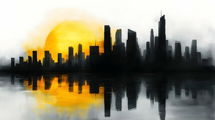 Fototapeta premium Cityscape Sunset Reflection Illustration