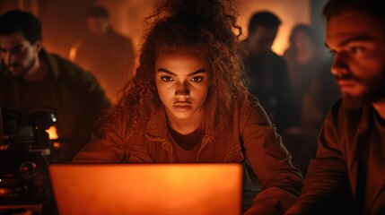 A woman intensely focuses on her laptop amidst a dimly lit, moody environment filled with individuals, suggesting intensity and concentration in a group setting.