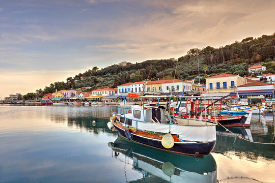 The sunset at the port of Katakolo seaside town near Olympia, Greece