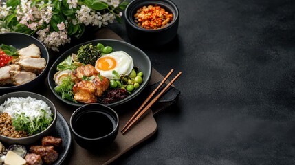 An elegant presentation of a gourmet meal featuring a variety of Asian-inspired dishes, including vibrant vegetables, rice, and savory proteins on a dark table.