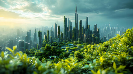 Futuristic City Skyline with Green Roofs 3D Illustration