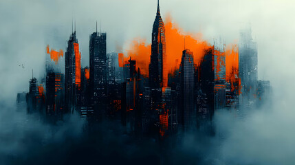 Abstract Cityscape Illustration with Orange Glow