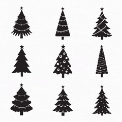 Obraz premium Silhouette set of Christmas tree illustrations in diverse artistic styles, ideal for festive design elements, holiday decor, and seasonal graphics