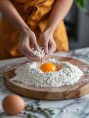 Fototapeta premium Hands Preparing Dough with Cracked Egg in Flour on Wooden Board | Homemade Cooking and Baking Scene | Generated by AI