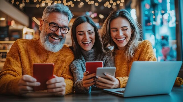 Family members shopping online together during Cyber Monday, with laptops, smartphones, and happy expressions