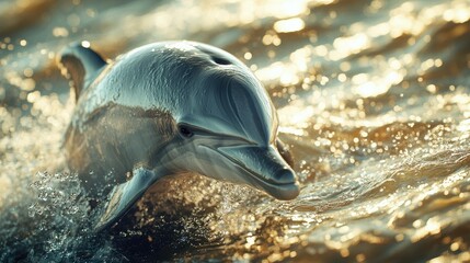 Playful Dolphin Swimming in Golden Waves