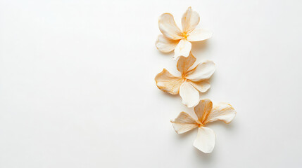 Fototapeta premium Three delicate white flowers arranged on a minimalist background.