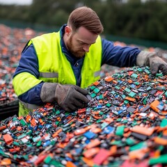 Worker sorting electronic waste in a recycling facility.