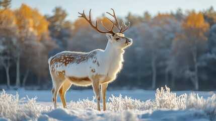 Obraz premium reindeer standing majestically in a snowy mountain landscape surrounded by frosty trees and serene scenery capturing a sense of wonder and the beauty of winter