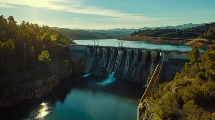A large dam with a river flowing behind it