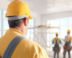 A man in a yellow shirt and a hard hat is looking at a building