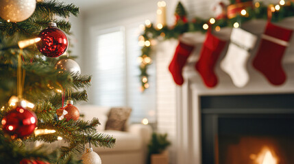 A Christmas tree with red and silver ornaments is lit up