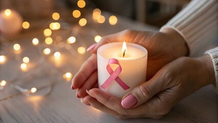Hands gently holding a lit candle adorned with a cancer awareness ribbon, surrounded by a bokeh glow.