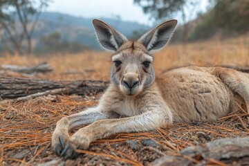 A Close-Up of a Grey Kangaroo Lying in a Bed of Pine Needles