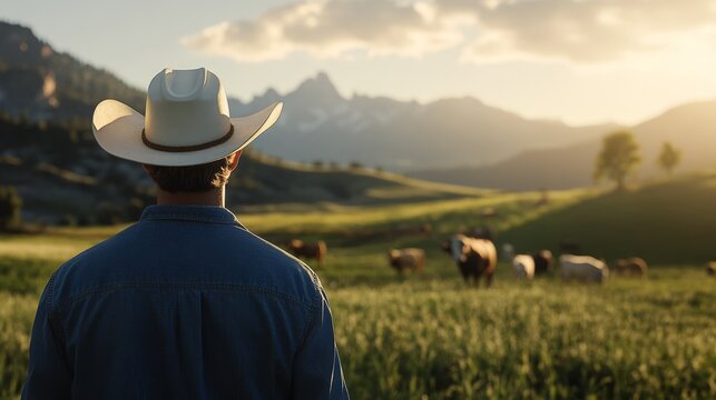 A cowboy in a widebrimmed hat gazes over lush fields where cattle graze, embodying rural life and agricultural success amid rolling hills, creating a tranquil and prosperous scene