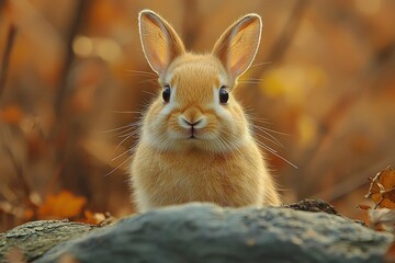 Fototapeta premium Close-up of a Curious Brown Rabbit in Autumnal Setting