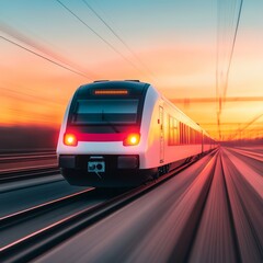 Naklejka premium A sleek train speeding along tracks at sunset, showcasing motion and technology.