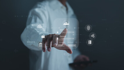 Cyber ​​security network, privacy protection concept, man touching virtual screen interface showing login to connect to network with internet technology for accessing personal data