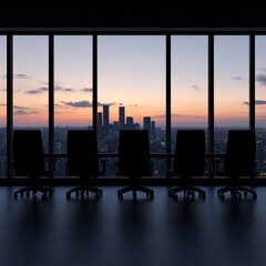 Fototapeta premium Office meeting room with chairs silhouetted against a sunset cityscape.