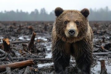 Obraz premium Wet Brown Bear Standing in a Forest Clearing After Rain