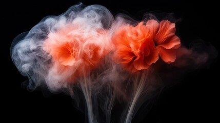Two vibrant orange flowers are enveloped by a swirling white mist, against a black backdrop, representing beauty, tranquility, and artistic elegance.