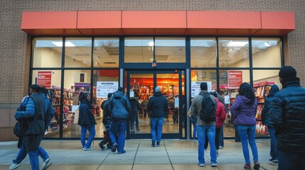 Obraz premium Store entrance decorated with Black Friday sale signs and posters, with people excitedly entering