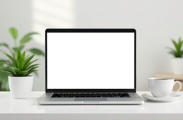 Fototapeta premium Modern office workspace with laptop, coffee, and lush green plants