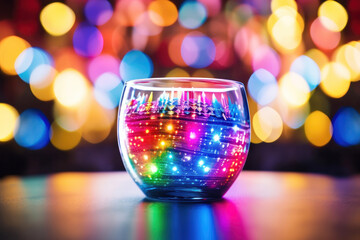 A colorful glass with a rainbow of lights inside on a bright and cheerful background, with the colors and lights creating a feeling of party and celebration.