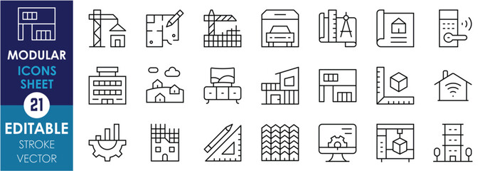 A set of line icons related to Modular. Modern, construction, residential, building, technology, architecture, smart home, door lock, and so on. Vector editable stroke.