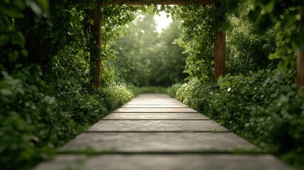 Obraz premium A carefully laid stone path stretches through a lush garden beneath a natural archway of greenery, creating a serene and inviting passageway filled with the essence of nature.