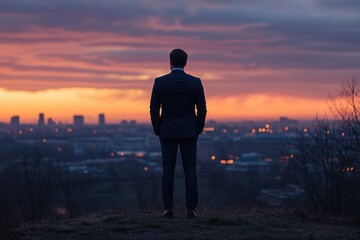Fototapeta premium Man in Suit Overlooking City at Sunset
