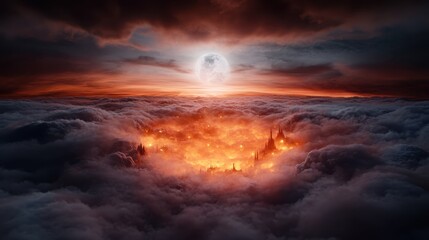 A solitary moon illuminates a city engulfed in fiery clouds, creating a powerful and dramatic contrast that evokes feelings of awe, wonder, and anticipation.