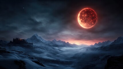 An atmospheric scene features a blood moon casting an eerie glow over snow-covered mountains and a distant castle, creating a dramatic and captivating composition.