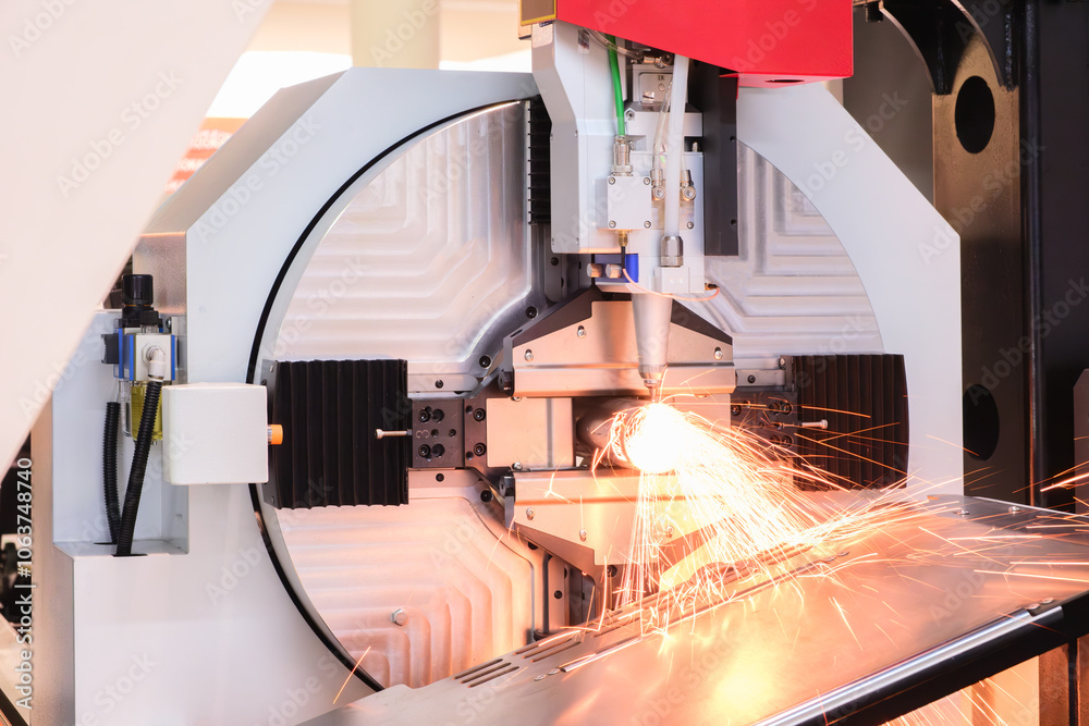 Poster a machine is cutting metal with sparks flying. the sparks are bright and the machine is surrounded b
