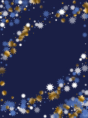 Magic Christmas star vector scatter illustration. Gold blue white sparkle confetti. Banner stardust pattern. Christmas star doodle elements. Night subtle wallpaper.