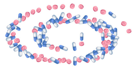 Medicine pills medical vector illustration. Capsule drugs and tablets illness prescription elements. Blue white and pink  capsules, emergency treatment or vitamins. Pharmaceutical concept.