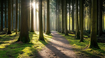 Obraz premium Rays of the sun breaking through the pine forest and the road in it. Coniferous trees tall and slender. Natural background. Illustration for cover, postcard, interior design, poster or presentation.