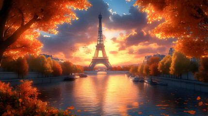 Obraz premium Eiffel Tower Autumn Sunset - 3D Illustration
