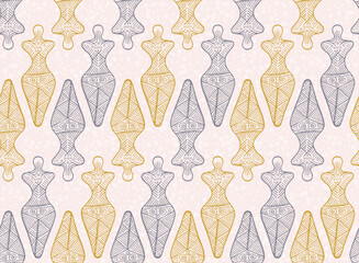 Slavic woman cucuteni-trypillia culture seamless ornament. Cute trypillia culture traditional motif. Ancient pagan legacy fertility archetype silhouette. Clay ceramic engraving.