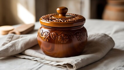 Carved wooden jar with lid on a linen tablecloth.