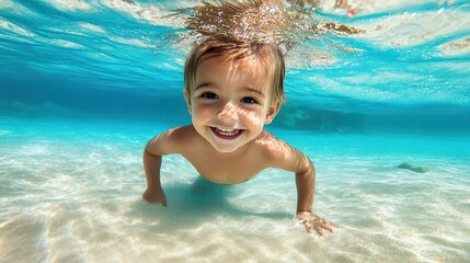 Close-up of the face of a small smiling child swimming in clear sea water. A boy on holiday. The concept of joy and happiness. Illustration for cover, postcard, interior design, decoration or print.