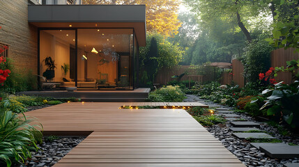 Fototapeta premium Wooden Deck Patio With Stone Pathway 3D Illustration