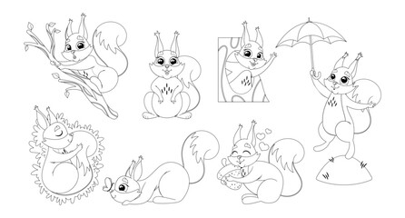 Delightful Black And White Outline Illustrations Of A Squirrel Animal Character In Various Playful Poses